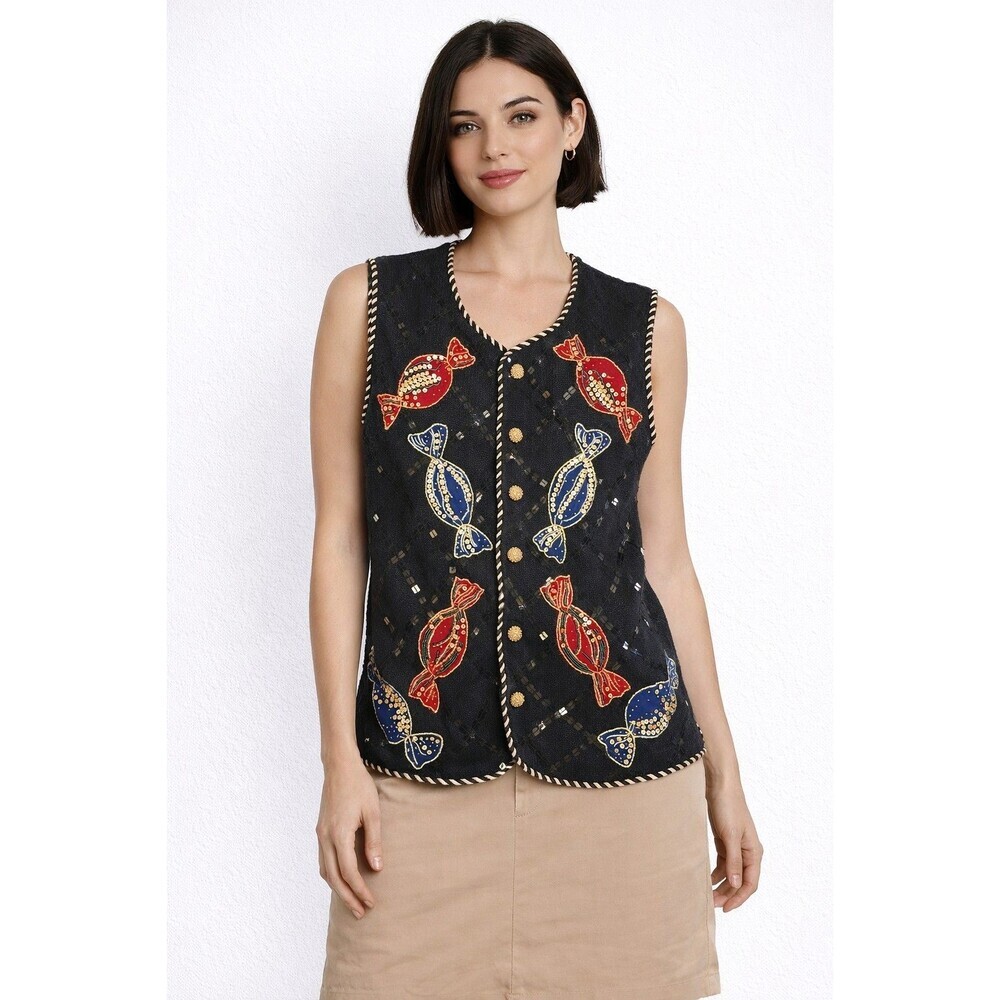 Vtg Womens Belle Pointe‎ Blacknit Christmas Sweater Vest Candy A200 Large Nice
